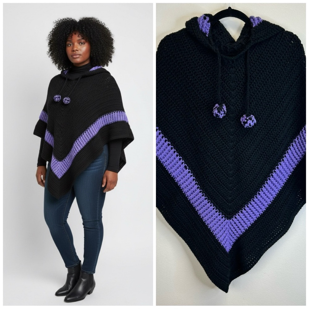 Goth Witchy Fairygoth Black Purple Crotchet Knit Handmade Hooded Poncho Sweater